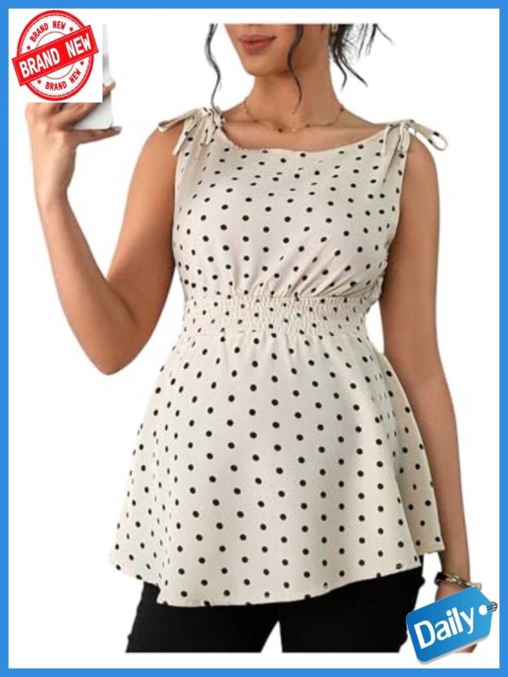 Maternity Polka Dot Babydoll Tank Top with Tie Shoulder Boat Neck Ruffle Hem
